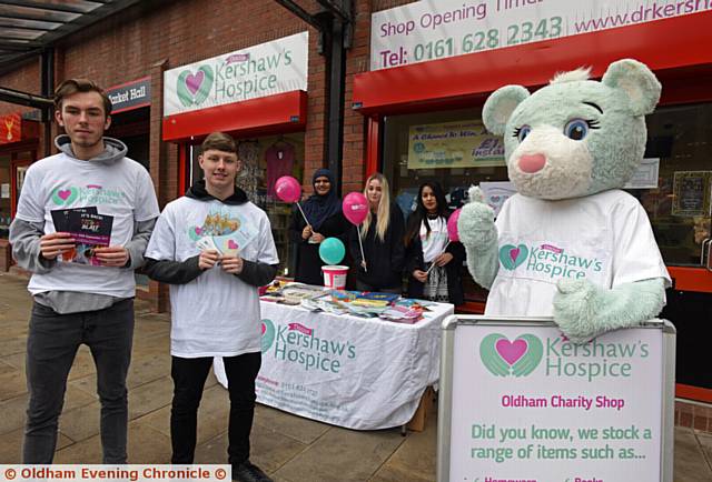 HOSPICE awareness . . . Oldham College students, from left, Morgan Benson, Jake Tolchard, Farheen Zubair, Lauren Charlesworth, Farhana Begum and Tanvir Islam (in the mascot costume) in Oldham town centre to raise awareness of Dr Kershaw's Hospice