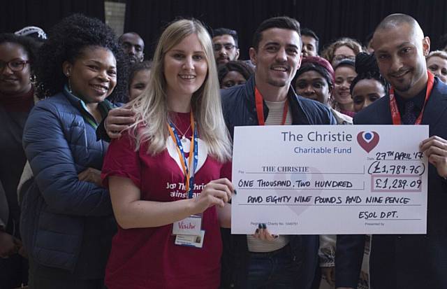 Anthony Crolla (centre), Haseeb Akhtar, college tutor (right) and hair and beauty students present the cheque to Emma Giagnacovo, community fundraising officer