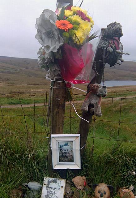 A memorial to Keith Bennett at the top of Wessenden Head Road, just outside Meltham, close to Greenfield Road this morning