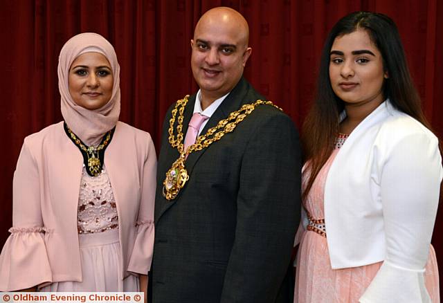 NEW Mayor of Oldham, Councillor Shadab Qumer with wife Sobia Arshi (left) and daughter Fiza Shadab
