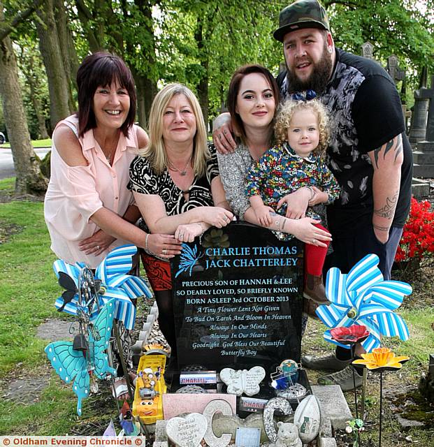 LEE Chatterley is having his beard shaved to raise funds for Sands. Pictured at Charlie's grave are, from left, grandmother, Diane Chatterley, grandmother, Nicky Rogers, mum, Hannah Chatterley, Poppy Chatterley, aged two and Lee