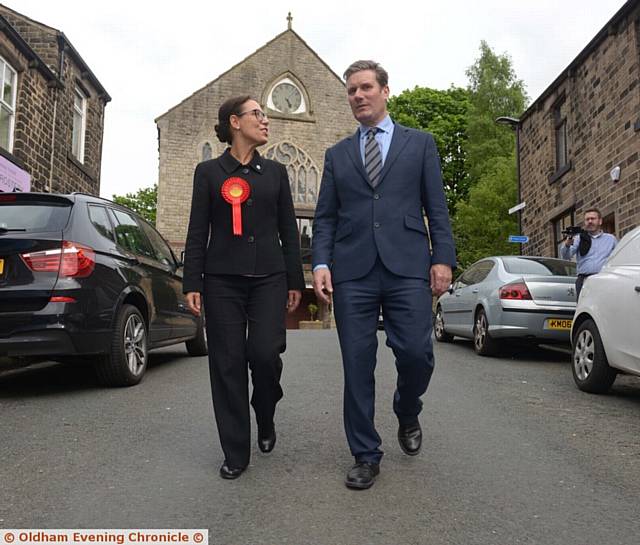 UPPERMILL STROLL . . Keir Starmer outside the Civic Hall with Labour candidate Debbie Abrahams where the topic was Brexit.