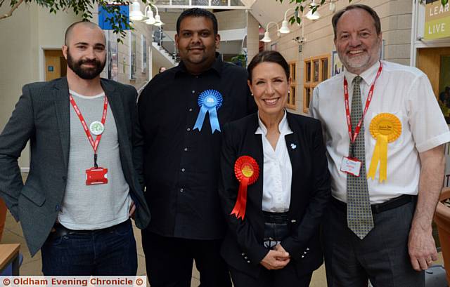 MEET the candidates . . . (from left) Adam King (Green Party), Kashif Ali (Conservative), Debbie Abrahams (Labour) and Jonathan Smith (Liberal Democrats)
