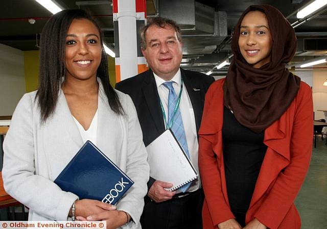 HELP . . . Young entrepreneurs Shanice Martin (left) and Karima Begum, who are starting up businesses, with manager Oldham Enterprise Trust Graham McKendrick