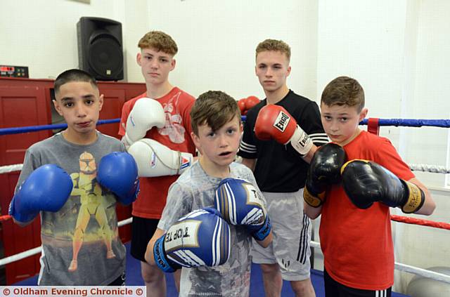 YOUNG HOT-SHOTS . . . Michael Rattigan (front, centre) is flanked by Abdul Khan (left), Kyle Tullin, Jaden Landregan and Lucas McLoughlin from the Oldham Boxing and Personal Development Centre
