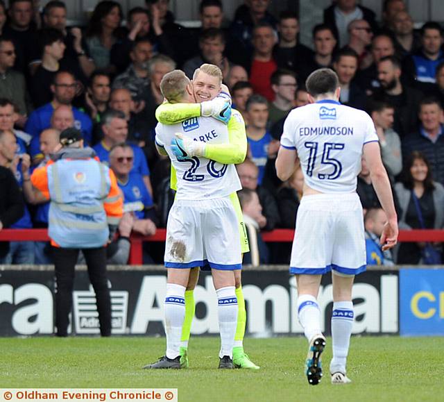 CONNOR Ripley and Peter Clarke embrace at the final whistle