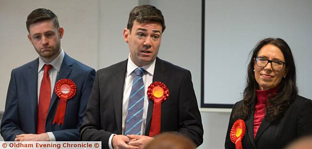 LABOUR Parliamentary candidates Jim McMahon (left) and Debbie Abrahams with elected Greater Manchester Mayor Andy Burnham 