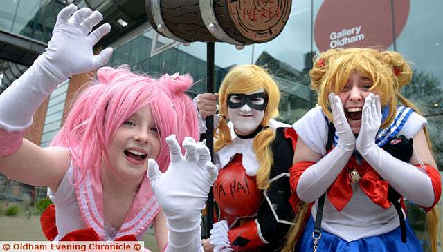 Comic Con, Oldham Library. (l-r) Emily Calder (8) as Chibiusa from the Sailor Moon manga series, Jessica Williams as Harley Fett and Amiee Taylor as character from Sailor Moon manga series.