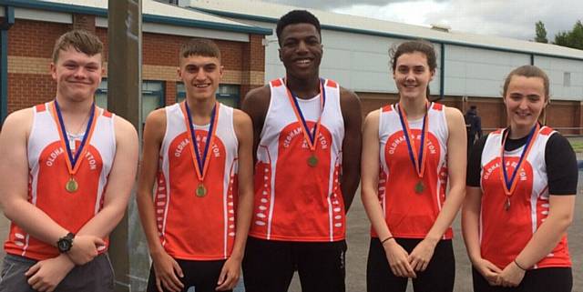 Harriers medal winners - Connor McHugh (left), Harry Collier, Reality Osuoha, Sophie Hall and Lorna Holt