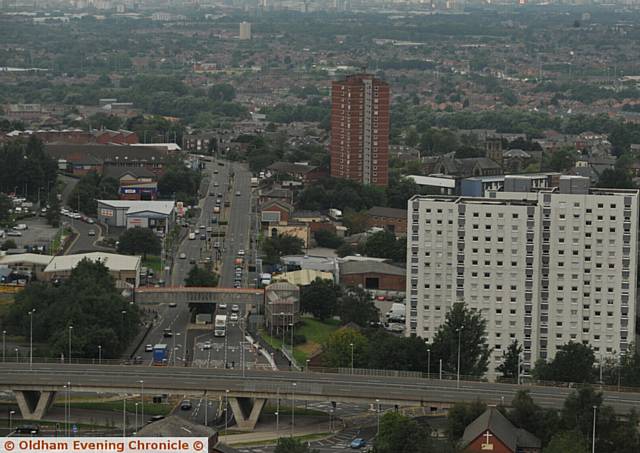 MANCHESTER Street, Summervale House and Crossbank House viewed from the Civic Centre tower block 