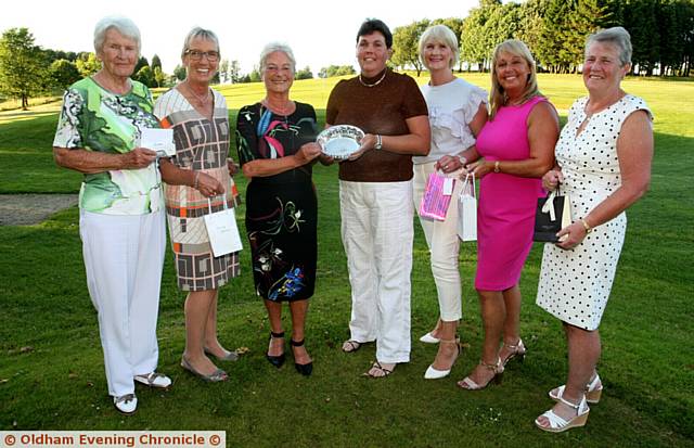 TROPHY TIME . . . Crompton and Royton Lady Captain's Day. Margaret Butterworth (left), nine-hole winner, Brenda Keaney (first day prize), lady captain Joyce Adams, overall winner Zoe Styles, Carolyn Williamson (academy section winner), Julie Barton (second day prize), runner-up Jennifer Kenworthy (lady vice-captain)