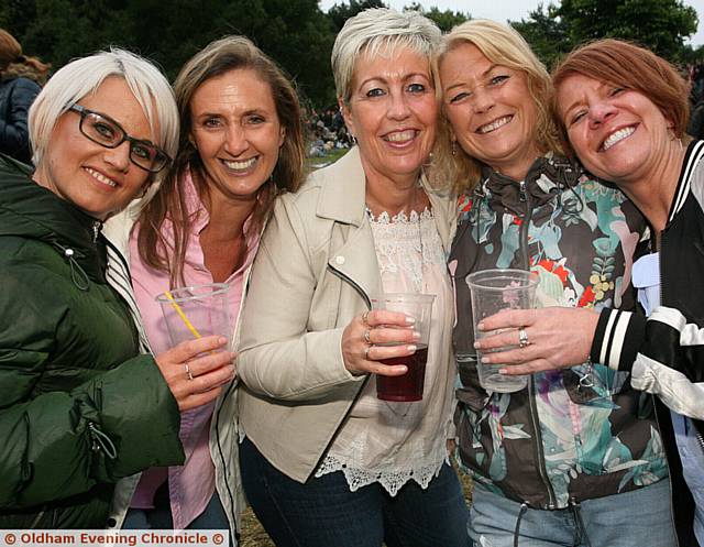 CHEERS . . . From left, Karen Parkin, Janet Needham, Anne Marie Mitchell, Christine Healey and Vanessa Lloyd, all from Royton, at Picnic in the Park at Tandle Hill Country Park to celebrate the lives of Lisa Lees and Alison Howe