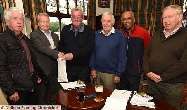 ALL SET . . . conducting the semi-final draws at Werneth Cricket Club are (left to right): Steve Bryan (umpires' appointment secretary), Dean Redfearn (JW Lees, sponsor), Nigel Tench (Pennine Cricket League chairman), Trevor Harrison (PCL secretary), John Houlder ((PCL president) and Mike Ward (PCL treasurer).