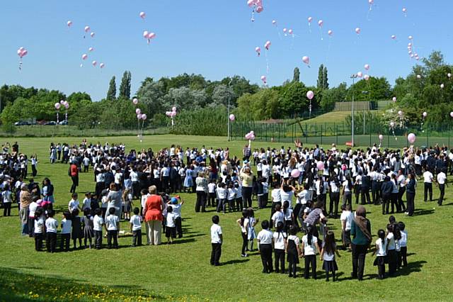 Bare Trees School Chadderton release 120 pink balloons to remember those affected by the Manchester Arena attack.