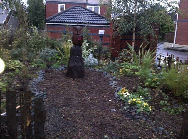 MR HOOTY the Owl at the heart of the community garden in Failsworth