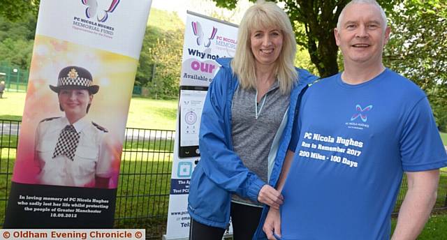 MICHELLE Simpson, Uppermill AFC club secretary, and Bryn Hughes, Nicola's dad, at the start of the event