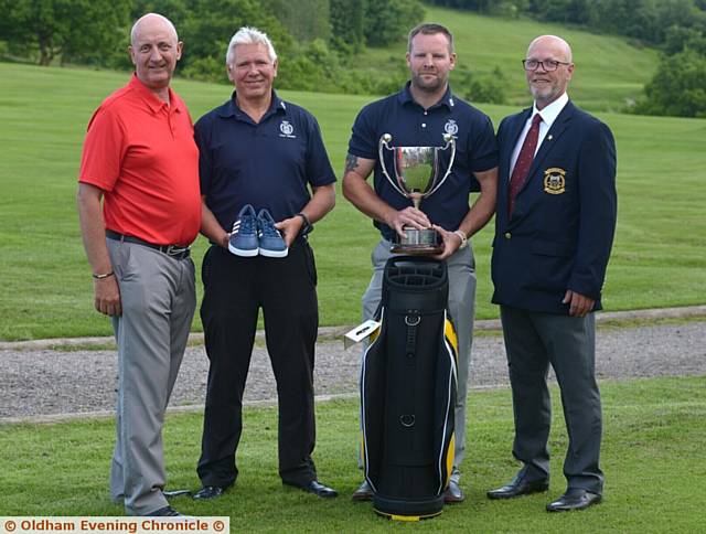 PRIZE TIME . . . Chronicle managing editor David Whaley (left), runner-up Dave Kendrick, winner Mark Heywood and Oldham Golf Club captain Stephen Daubney. 