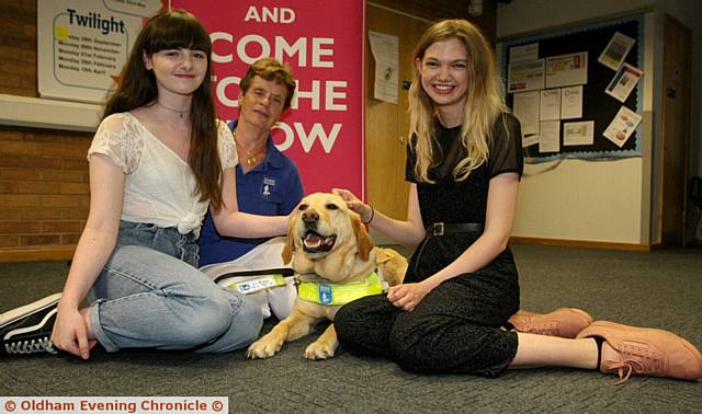 LEFT TO RIGHT: Abbie Lees, aged 18, Norma Jones, guide dog volunteer, Hetta, the working guide dog, Ellie Taylor, aged 18