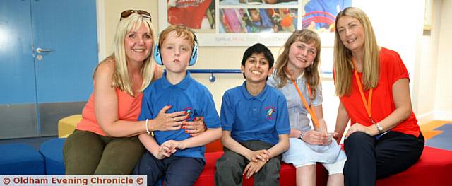 JENNY Barrett, left, is undertaking a sponsored swim to raise funds for a new hydrotherapy pool at Kingfisher school, Oldham. With her are William Barrett, Sabhan Anwar, Kira Dunkerley and teacher Lisa Collins

