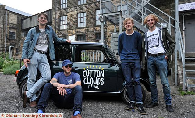 EXCITEMENT builds for Gardenback, who will be performing at the forthcoming Cotton Clouds Festival, taking place at Saddleworth Cricket Club on August 12. Pictured, from left, are Jacob, Luke Stanley (one of the festival directors), Ellis and Neil.
