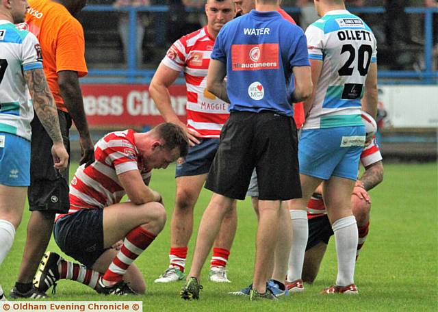 Oldham Rugby (16) v Dewsbury Rams (20). Scott Turner down with concussion.