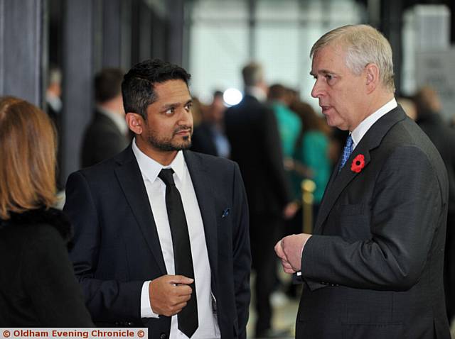 VISIT . . . Duke of York at Oldham Town Hall to look at the new digital hub with Abdul Alim of Offer Moments