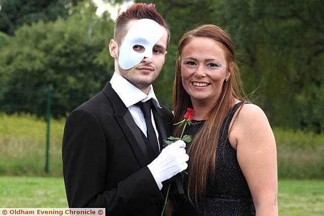 New Bridge school, prom night, Oldham. Pic shows, L/R, Tom Meggison , aged 19, arriving at the prom as Phantom of the Opera, with his mum, Nichola Street.
