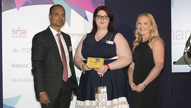 Abi Wattleworth (left) is pictured with Achin Gupta from Glenmark Pharmaceuticals who sponsored the award category, and Gemma O'Sullivan from Training Matters, the award organisers