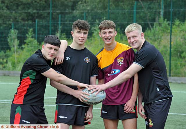 PRODUCTION LINE . . . these four Waterhead Warriors under-16 players all have bright futures in the game. They are (left to right): Bradley Hulme, Bradley Jinks, Callum Cameron and Liam Slicker.