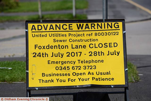 Foxdenton Lane, Chadderton closed for sewer work.