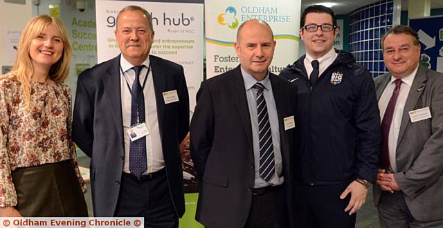 TALKING business . . . from left, Ursula Stawik and Alan Bambroffe (Business Growth Hub), Duane McEwan (Verde Ceramica), Dale Harris (Dream Big Sports) and Graham McKendrick (Oldham Council and Oldham Enterprise Trust)
