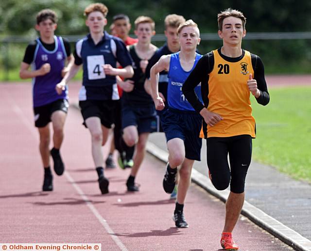 HITTING THE FRONT . . . eventual winner Jamie Smith (Crompton House) leads the Year 10 1500m final
