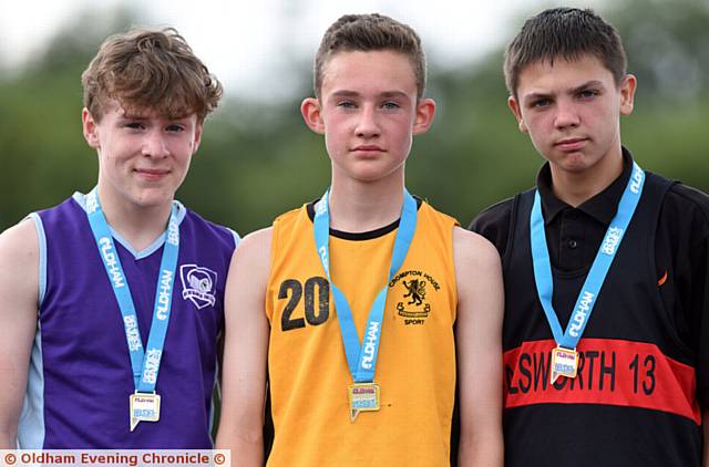 MEDAL TRIUMPH . . . Year Eight 1500m finalists (left to right): Cody Butler (third, Newman), Josh Kelly (first, Crompton House) and Corey Marsh (second, Failsworth)