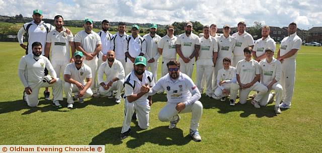 BIG SMILES . . . the Moore Cup finalists - Heyside and Oldham - are pictured, fronted by (left to right): Oldham captain Fiaz Khan and Heyside counterpart Mark Barnes
