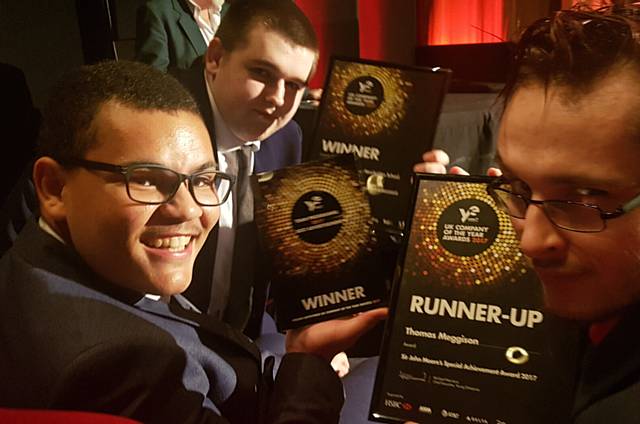 New Bridge pupil Tom Meggison (right) and fellow Enspire representatives Luke Hester (left) and Mitchell Kristie at the Young Enterprise Awards ceremony in London.
