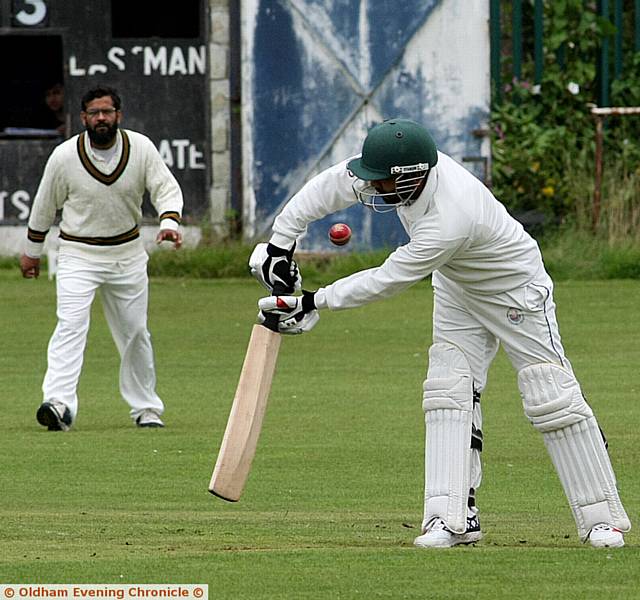 UPPERMILL professional Ayaz Tasawwar plays the ball to the leg side.