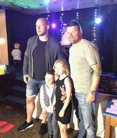 Leon Hoey at his fundraising party with Warrington Wolves captain, Chris Hill, Warrington Wolves legend, Lee Briers, and Leon's sister Kelsey Jane Dougan
