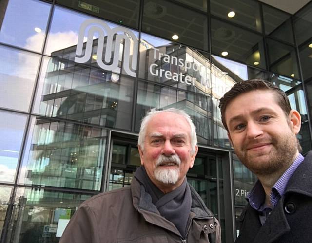 MP Jim McMahon (right) with Chadderton councillor Colin McLaren outside Transport for Greater Manchester offices