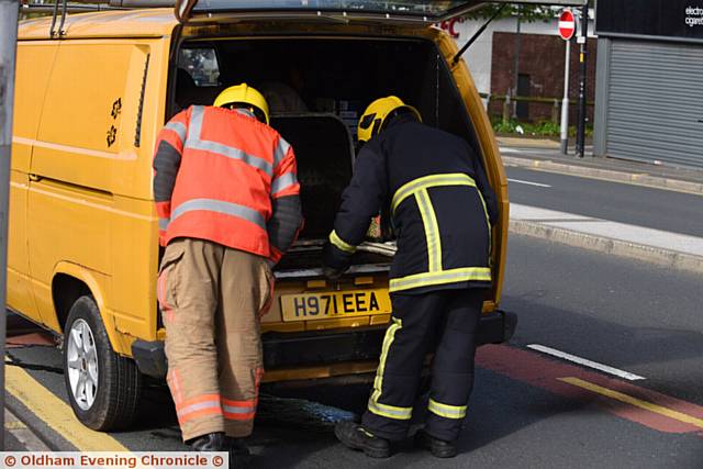 VW van engine fire on Huddersfield Road, Oldham. Fire service attend.