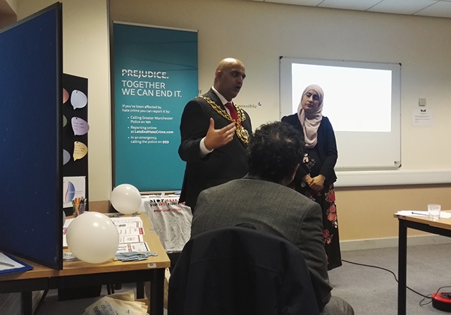 The Mayor of Oldham, Cllr Shadab Qumer, delivers a speech at the Hate Crime Awareness presentation at the OBA Millennium Centre