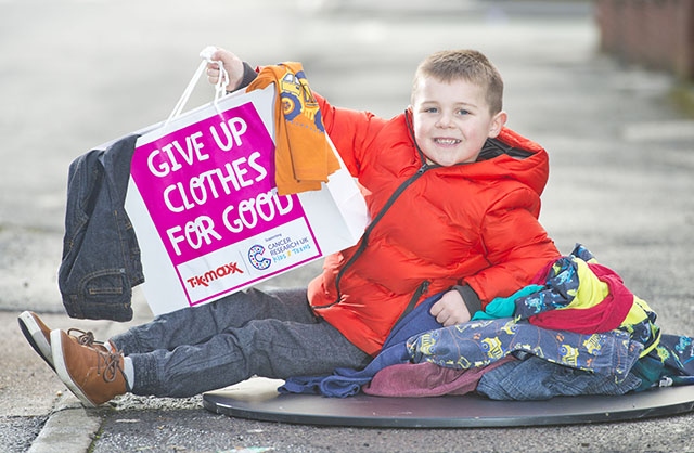 Five-year-old Corey Ashton-Barker from Limeside is urging people across the north-west to Give up Clothes for Good and help save the lives of children with cancer.
