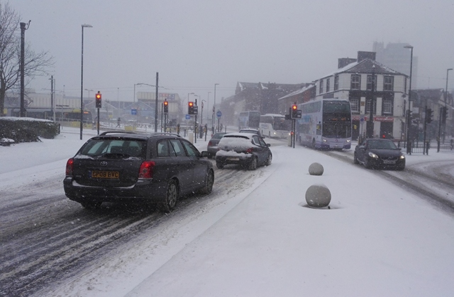 Oldham town centre has been badly affected by snow this morning