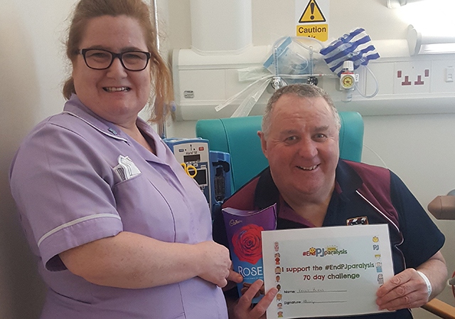 Royal Oldham Hospital Health Care Assistant Lesley Noon with patient Philip Hargreaves