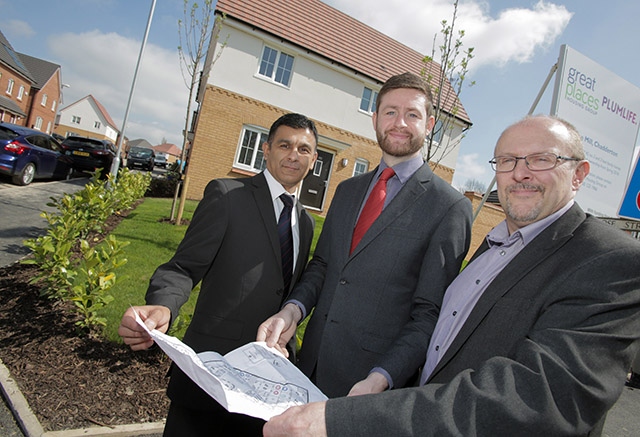 MP Jim McMahon with Pete Bojar, Executive Director for Growth and Assets for Manchester-based Great Places, and Neighbourhood Manager Masood Chaudry, at the new Rose Mill housing development