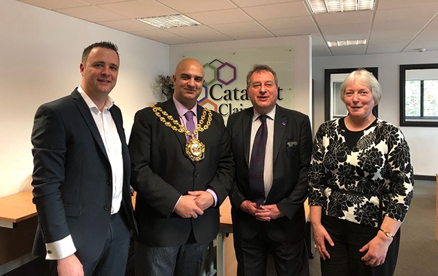 [Left to right]: Catalyst Claims MD Brad Jackson with Oldham Mayor Cllr Shadab Qumer and representatives from the Oldham Enterprise Trust