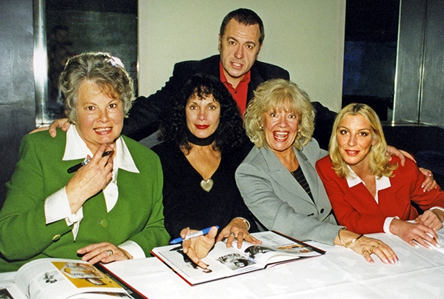 Sarah Donohue (far right) is pictured with original Bond girls (from left) Molly Peters (Thunderball), Martine Beswick and Jan William (From Russia With Love), as well as Graham Rye, the editor of 007 Magazine