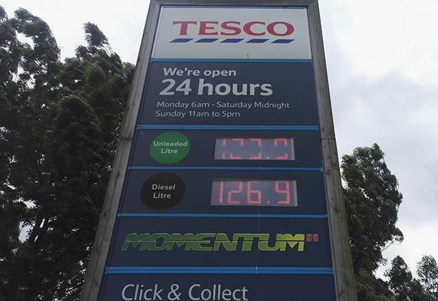 Petrol prices have risen sharply this year. Tesco's unleaded is priced at 123,9p per litre today (Thursday)