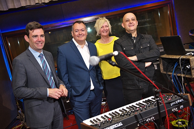 Pictured (left to right) are: Greater Manchester Mayor Andy Burnham, Ged Doherty, Karen Boardman and Inspiral Carpets' bass player Martyn Walsh