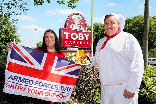 Toby Carvery General Manager Hannah Roper and Chef Chris Mills officially launch the FREE meal offer for Armed Forces Day 2018