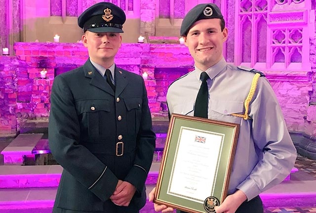 Cadet Warrant Officer Zak Warburton (right) pictured with Flying Officer Joe Lord RAFAC (left), Officer Commanding 2200 (Oldham) Squadron Air Training Corps